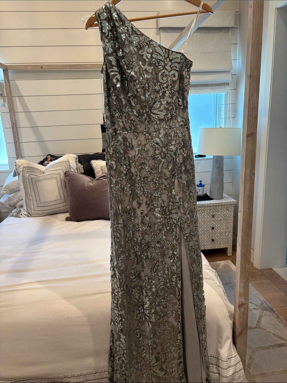 Tadashi Shoji Beaded One-Shoulder Gown in Sage Green